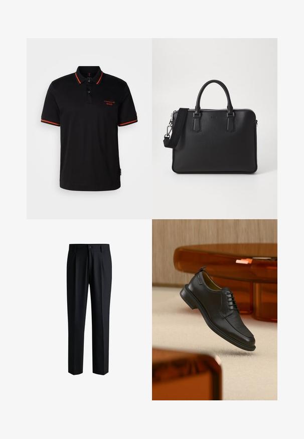 Schwarzes Poloshirt mit roten Akzenten am Kragen und an den Ärmeln. Verfügt über einen Knopfverschluss am Hals und ein in Rot gesticktes Porsche BOSS-Logo.; Schwarze Hose aus glattem Stoff, mit geradem Bein-Design, Falten vorne und einem Knopfverschluss mit Gürtelschlaufen.; Schwarzer Leder-Schnürschuh mit texturierter Vorderseite, schwebend über beigem Teppich in einem modernen Raum mit bernsteinfarbenen Möbeln.; Schwarze Ledertasche mit strukturierten Oberflächen, zwei Griffen und einem abnehmbaren Schultergurt. Verfügt über silberne Reißverschlüsse und minimalistische Designelemente.