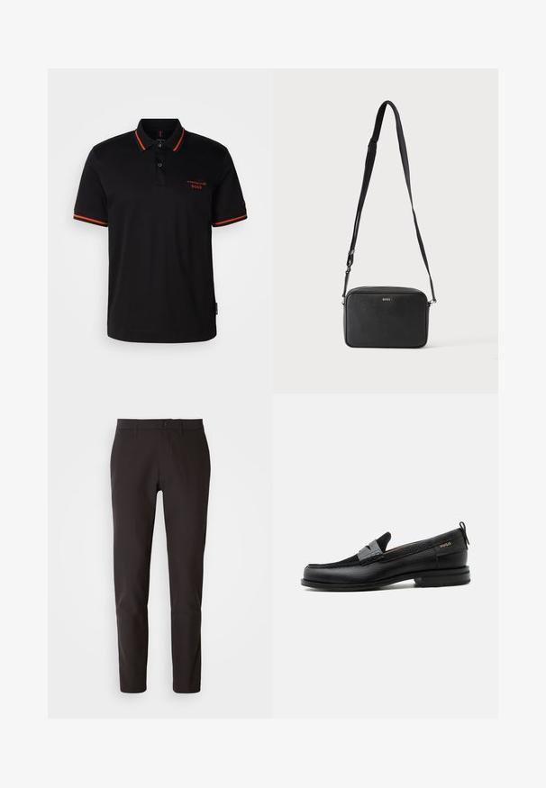 Polo noir avec des accents rouges sur le col et les manches. Il présente un col à boutons et un logo Porsche BOSS brodé en rouge.; Pantalons noirs en tissu lisse, à coupe droite, avec une taille standard dotée d'une fermeture à bouton, sans poches ni motifs visibles.; Mocassin en cuir noir avec détail de bride grise, talon bas et semelle texturée, marqué "HUGO" en or sur le côté.; Sac bandoulière rectangulaire noir avec sangle réglable et logo BOSS sur le devant, sur un fond clair uni.