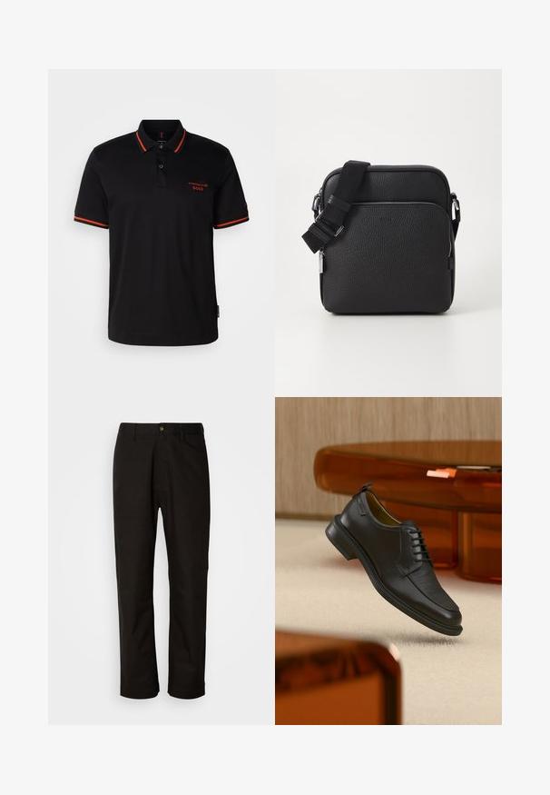 Camisa polo negra con acentos rojos en el cuello y las mangas. Presenta un escote con botones y un logo bordado de Porsche BOSS en rojo.; Pantalones de algodón negros con corte recto, presillas para el cinturón, cremallera frontal y un solo botón de cierre. Textura suave sin patrones visibles.; Zapato de vestir negro de piel con cordones y parte delantera texturizada, flotando sobre una alfombra beige en una habitación moderna con muebles de tono ámbar.; Bolso cruzado de cuero negro con una superficie texturizada, que presenta un bolsillo con cremallera en la parte frontal, correa ajustable y acentos de hardware metálico.
