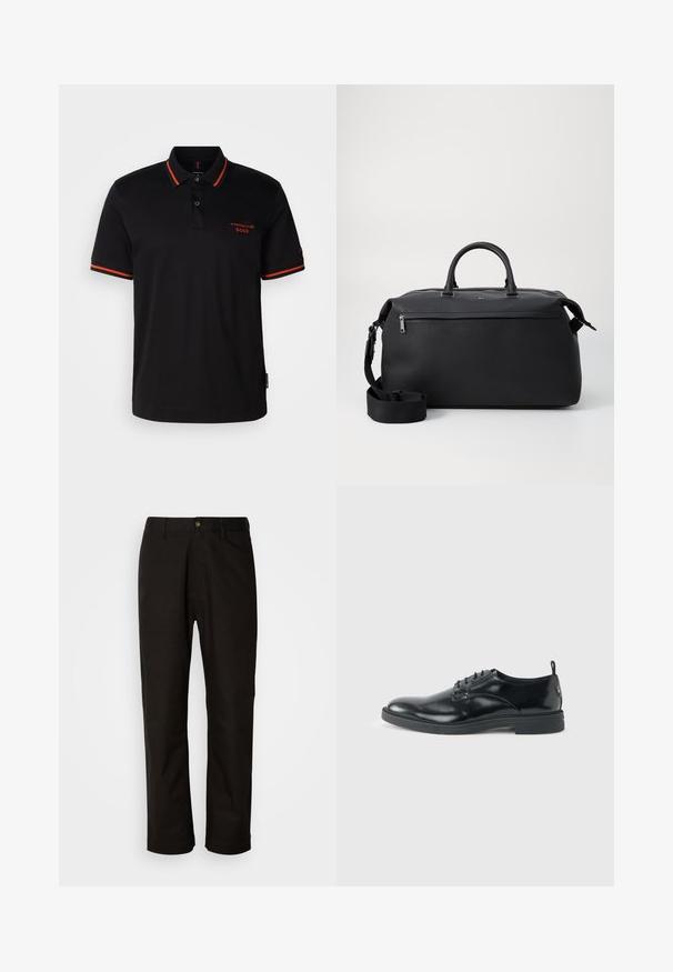 Schwarzes Poloshirt mit roten Akzenten am Kragen und an den Ärmeln. Verfügt über einen Knopfverschluss am Hals und ein in Rot gesticktes Porsche BOSS-Logo.; Schwarze Baumwollhosen mit geradem Schnitt, Gürtelschlaufen, einem Reißverschluss vorne und einem einzelnen Knopfverschluss. Glatte Textur ohne sichtbare Muster.; Glänzender schwarzer Lederschuh mit niedrigem Absatz, Schnürverschluss und runder Kappe, seitlich auf hellem, schlichten Hintergrund gezeigt.; Schwarze Leder-Reisetasche mit zwei Oberhandgriffen, einem abnehmbaren Schultergurt und einer Reißverschlusstasche auf der Vorderseite für zusätzlichen Stauraum.