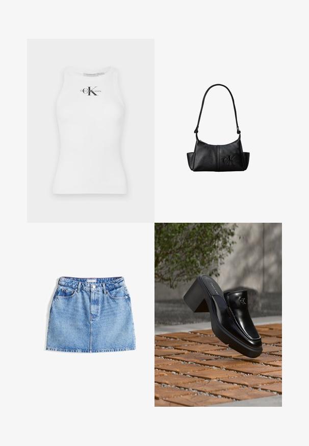 Top de tirantes de algodón blanco con textura acanalada y escote redondo, que presenta un logo negro "CK" en el centro y texto de la marca debajo.; Falda mini de denim en azul claro con diseño de cinco bolsillos, cierre de botón y sutil textura desgastada. Presenta una etiqueta de marca en la cinturilla.; Mule tipo slip-on de cuero negro de Calvin Klein con tacón de bloque descansando sobre baldosas de madera al aire libre cerca de una planta verde y una pared gris.; Bolso de hombro de cuero negro con correa larga, bolsillos laterales y logo de Calvin Klein en relieve en la parte delantera.