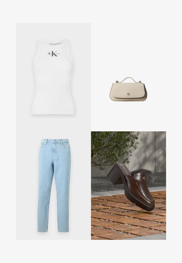 Top de tirantes de algodón blanco con textura acanalada y escote redondo, que presenta un logo negro "CK" en el centro y texto de la marca debajo.; Pantalones vaqueros de denim azul claro con un corte recto, diseño de cinco bolsillos y cierre de botones. Presentan un ligero desvanecimiento y una textura suave.; Mule con tacón de cuero marrón Calvin Klein flotando sobre un suelo de baldosas de madera con un fondo borroso de planta verde y pared.; Pequeño bolso de mano de cuero beige con asa superior y logo plateado de CK en la solapa frontal, mostrado sobre un fondo blanco.