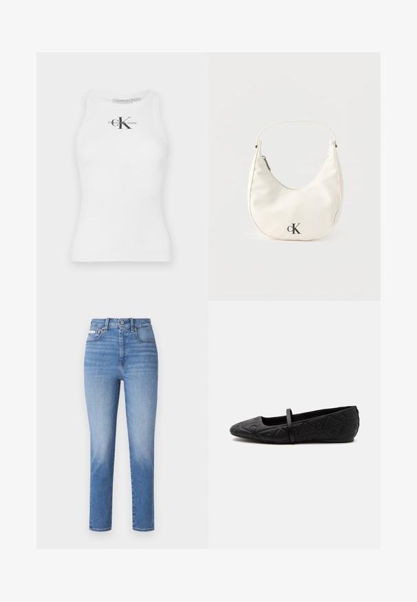 Witte katoenen tanktop met een geribbelde textuur en een ronde halslijn, met een zwart "CK" logo in het midden en merktekst eronder.; Lichtblauwe denim jeans met een hoge taille, rechte pijpen en subtiele vervagingen. Bevat riemlussen, vijf zakken en een metalen knoopsluiting.; Zwarte platte schoen met afgeronde neus, geperst geometrisch patroon en een enkele dunne band over de bovenkant, zijaanzicht.; Kleine witte handtas in de vorm van een halve maan met een kort hengsel, ritssluiting en zwart "cK" logo aan de voorkant.