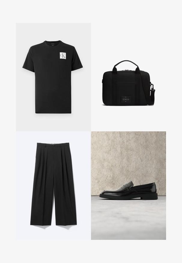 Camiseta de algodón negra con mangas cortas y cuello redondo. Presenta un logo cuadrado blanco con "CK" en negro en el lado izquierdo del pecho.; Pantalones negros de tiro ancho con pinzas delanteras, trabillas para cinturón y cierre de botón, exhibidos sobre un fondo liso y claro.; Zapato loafer de cuero negro pulido flotando sobre una alfombra beige con muebles translúcidos naranjas de fondo.; Maletín rectangular negro con asa superior y correa ajustable para el hombro, que presenta una placa con el logotipo en la parte frontal y una cremallera horizontal en el bolsillo delantero.