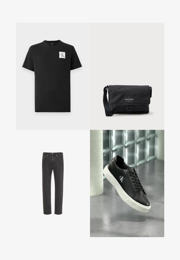 Camiseta de algodón negra con mangas cortas y cuello redondo. Presenta un logo cuadrado blanco con "CK" en negro en el lado izquierdo del pecho.; Vaqueros negros de corte recto con cierre delantero de botón y cremallera, bolsillos delanteros y traseros, mostrados sobre fondo blanco.; Zapatilla deportiva de cuero negro con suela de goma blanca y el logo "CK Calvin Klein" en el lateral, mostrada sobre un fondo de vidrio con azulejos.; Bolso mensajero negro hecho de tela duradera, con cierre de solapa, hebilla frontal y logo de Calvin Klein en plata. Incluye correa ajustable.