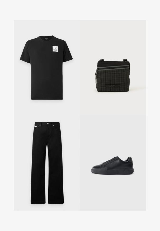 Schwarzes Baumwoll-T-Shirt mit kurzen Ärmeln und Rundhalsausschnitt. Enthält ein weißes quadratisches Logo mit "CK" in Schwarz auf der linken Brust.; Schwarze Denim-Hose im weiten Bein-Design mit fünf Taschen und metallenen Knopfdetails. Glatte Textur, ohne sichtbare Muster.; Schwarze Sneakers mit einem glatten Lederoberteil, abgerundeter Zehenpartie, Schnürverschluss, strukturiertem Fersendetail und einer dicken Gummisohle.; Schwarze und graue Calvin Klein Umhängetasche mit Karomuster, Frontreißverschlusstasche und verstellbarem Riemen vor weißem Hintergrund.