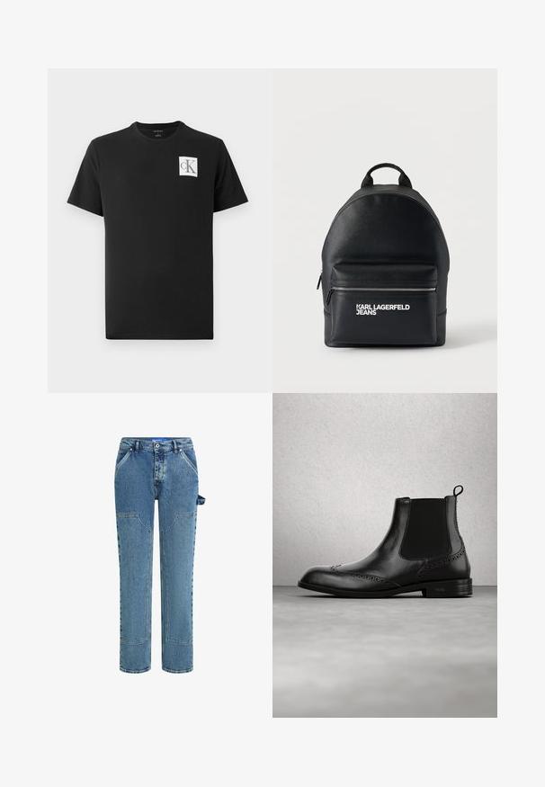Sort bomulds T-shirt med korte ærmer og rund hals. Har et hvidt firkantet logo med "CK" i sort på venstre bryst.; Blå denimjeans med et lige ben-design, der har kontrastfyldte lapper, to forlommer og en synlig løkke-detalje på siden.; Sort læder Chelsea-støvle med brogue-detaljer, elastiske sidepaneler, træksløjfe og lav hæl, vist i luften mod en moderne indendørs gulv.; Sort læderrygsæk med forreste lynlåslomme og "KARL LAGERFELD JEANS" logo i hvid på lommen mod hvid baggrund.
