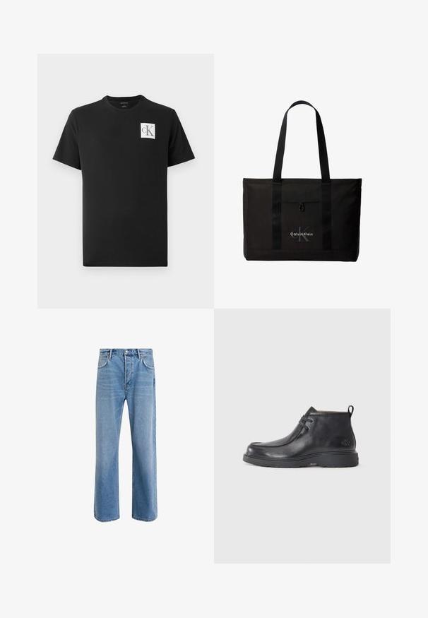 Schwarzes Baumwoll-T-Shirt mit kurzen Ärmeln und Rundhalsausschnitt. Enthält ein weißes quadratisches Logo mit "CK" in Schwarz auf der linken Brust.; Helle blaue Jeans im Geradeschnitt-Design, mit fünf Taschen, Knopfverschluss, minimaler Ausbleichung und kontrastierenden Nähdetails.; Schwarze Leder-Stiefel bis zur Knöchel mit runder Zehenform, Schnürdesign und einer Ziehlasche auf der Rückseite. Strukturiertes Obermaterial und Gummisohle.; Schwarze Calvin Klein Tote-Tasche mit zwei langen Griffen und Fronttasche, mit dem Markenlogo in Weiß und Grau.