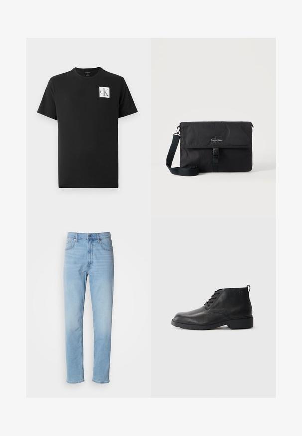 Camiseta de algodón negra con mangas cortas y cuello redondo. Presenta un logo cuadrado blanco con "CK" en negro en el lado izquierdo del pecho.; Jeans de mezclilla azul claro con un corte recto, cinco bolsillos y trabillas para cinturón. La tela presenta una textura suave con un ligero efecto de desvanecimiento.; Botas de cuero negro con acabado texturizado, puntera redonda, cordones en la parte frontal y suela de goma resistente. Presenta una pequeña lengüeta en la parte trasera.; Bolso mensajero negro de Calvin Klein con correa de hombro ajustable y solapa frontal asegurada con una hebilla, mostrado sobre un fondo liso.