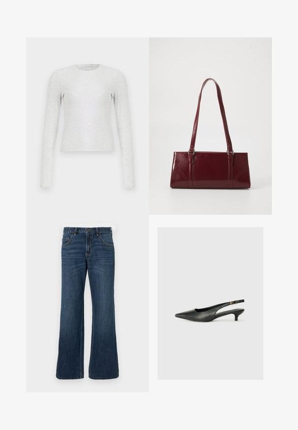 T-shirt gris à manches longues en tissu doux et extensible. Présente un col rond et une coupe ajustée. Texture lisse sans motifs.; Jean large bleu foncé avec une conception classique à cinq poches, doté d'une fermeture à bouton et de légères décolorations. Fabriqué en tissu denim.; Chaussure slingback noire à bout pointu en cuir lisse. Présente un talon fin et un détail de boucle sur la sangle réglable.; Sac à main bordeaux en matériau brillant, de forme rectangulaire, avec deux anses et des accents légèrement courbés à l'avant.