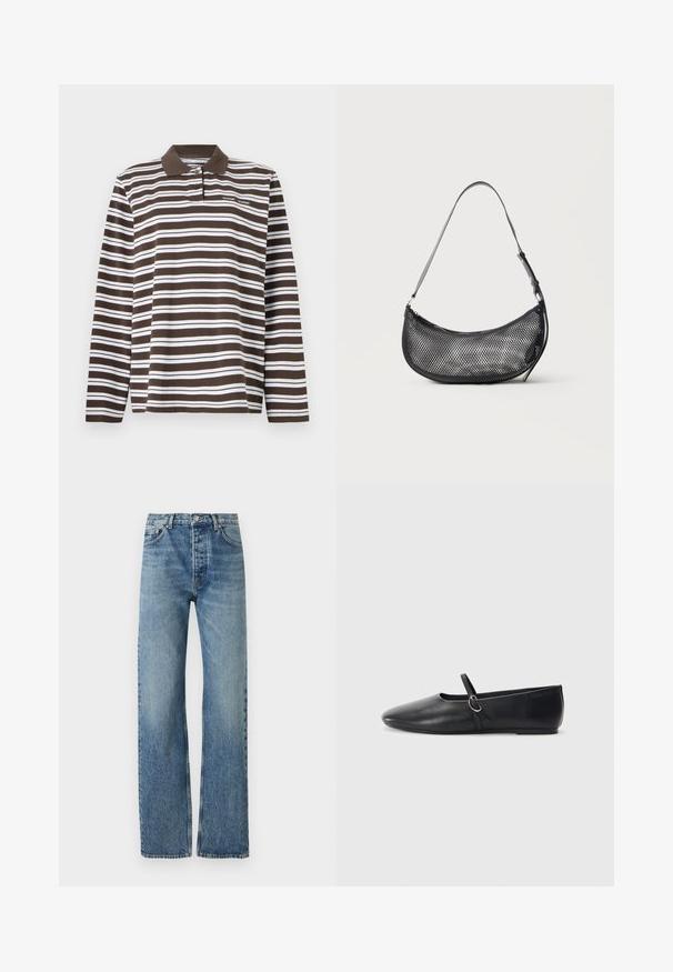 Samsøe Samsøe T-shirt à manches longues - turkish coffee; Jean bleu clair taille haute avec un design à jambe droite, en tissu denim. Caractéristiques classiques avec cinq poches et quincaillerie en argent.; Ballerines noires en cuir avec un bout pointu, une semelle plate et une petite sangle avec un détail de boucle en argent.; Petit sac d'épaule noir en mesh en forme de croissant avec une lanière fine réglable, sur un fond clair uni.