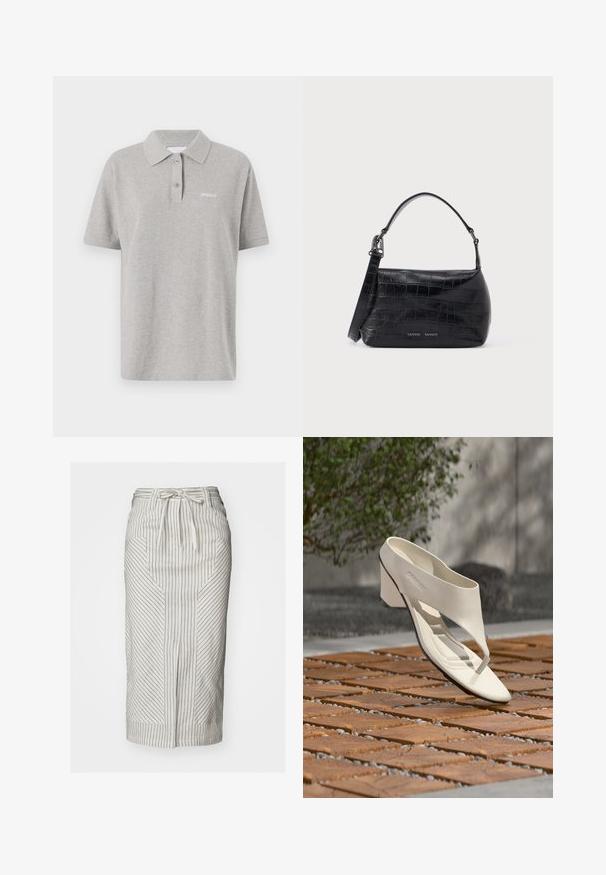 Polo gris de algodón con un cuello clásico, mangas cortas y un pequeño logo blanco en el lado izquierdo del pecho. Detalle de tapeta con dos botones.; Falda blanca con rayas negras verticales, con un lazo en la cintura, forma alargada y bolsillos angulados. La tela parece ligera con una textura suave.; Sandalia de tacón de cuero blanco con una tira ancha y separador de dedos, mostrada al aire libre sobre una superficie de madera y baldosas de grava con vegetación al fondo.; Bolso de hombro de cuero negro con relieve de cocodrilo, asa superior e impresión del logo en el frente.
