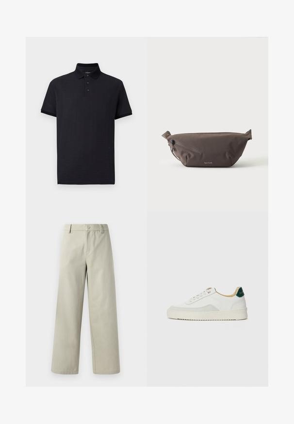 Polo noir avec un motif texturé, patte de boutonnage à trois boutons et un col classique. Manches courtes et un ourlet droit. Tissu doux.; Han Kjøbenhavn WIDE LEG - Pantalon classique - light grey; Baskets blanches avec des accents en daim, bout arrondi, lacets plats et semelle en caoutchouc crème. Présente une marque verte sur le talon.; Sac banane en tissu marron foncé avec poche zippée en diagonale et petit logo blanc sur le devant, sur un fond clair uni.