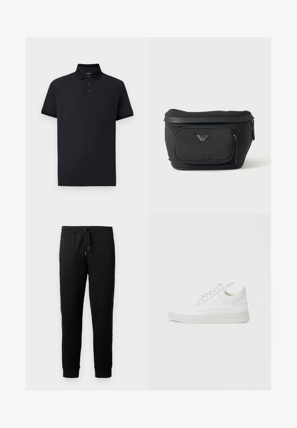 Polo noir avec un motif texturé, patte de boutonnage à trois boutons et un col classique. Manches courtes et un ourlet droit. Tissu doux.; Pantalons de jogging noirs en tissu doux avec une taille élastique et un cordon de serrage. Présente des jambes fuselées avec des poignets côtelés.; Baskets en cuir blanc avec un embout arrondi, une semelle plate et un laçage à l'avant. Présentent des détails de couture et un col rembourré pour plus de confort.; Sac banane noir avec poche avant zippée et logo aigle argenté, tissu lisse avec bordure texturée et tirettes de fermeture éclair.