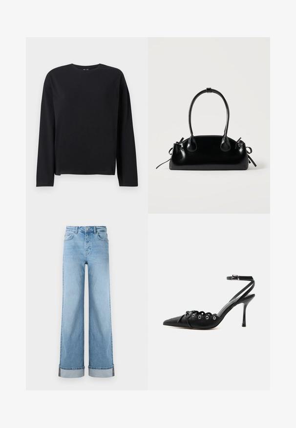 Sort langærmet T-shirt lavet af blødt stof, med rund halsudskæring, afslappet pasform og lige kant med minimale syninger.; Lyseblå, vide jeans i klassisk denim med høj talje, prydet med opbrettede kanter og synlig søm.; Sort spids hæl med bølgede kanter, metaløjer, snørelukning foran og ankelrem med spænde.; Lille sort blank håndtaske med to lange håndtag og snøre-detaljer i siden på en ensfarvet lys baggrund.
