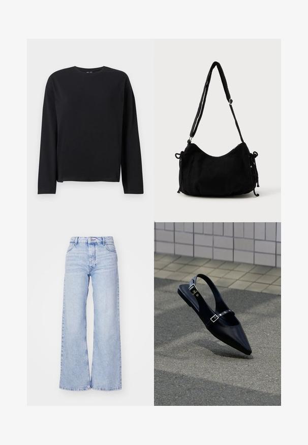 Zwarte longsleeve t-shirt gemaakt van zachte stof, met een ronde halslijn, een ontspannen fit en een rechte zoom met minimale stikdetails.; Roxy MILLA - Wide leg - glacier; Zwarte platte slingback met spits toelopende neus en dubbele gespsluitingen, rustend op grijs asfalt bij een achtergrond van betegelde muur.; Zwarte corduroy schoudertas met een gebogen vorm, een verstelbare schouderband en trekkoordsluitingen aan beide zijkanten voor maataanpassing.