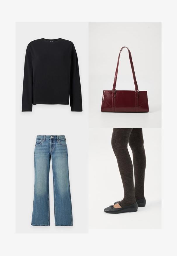 Sort langærmet T-shirt lavet af blødt stof, med rund halsudskæring, afslappet pasform og lige kant med minimale syninger.; Lyseblå denimjeans med bred benform, der har en mellemhøj talje, forlommer og diskret falming, der viser en glat tekstur.; Ben iført mørke ribbede leggings kombineret med sorte balletsko med små sløjfedetaljer på hvid baggrund.; Bordeaux håndtaske lavet af glansfuldt materiale, rektangulær form, med to skulderremme og subtile buede detaljer på forsiden.