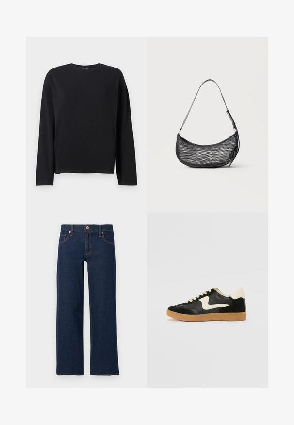 Zwarte longsleeve t-shirt gemaakt van zachte stof, met een ronde halslijn, een ontspannen fit en een rechte zoom met minimale stikdetails.; Donkerblauwe jeans met rechte pijpen, voorste knoop en rits, vijf zakken en zichtbare oranje stiksels op een grijze achtergrond.; Zwarte suède en leren sneaker met een crèmekleurige zij-swoosh en lichte crèmekleurige hiel. Voorzien van beige veters en een gumrubberen zool.; Kleine zwarte mesh schoudertas in halve maanvorm met verstelbare dunne band, tegen een effen lichte achtergrond.
