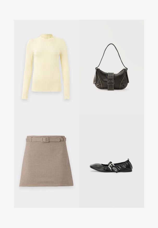 Top de canalé crema de manga larga con cuello alto y bordes con volantes en el cuello, puños y dobladillo, mostrado sobre un fondo liso.; Pantalones cortos en patrón de houndstooth marrón y beige con cintura Ceñida y líneas limpias, estructura ajustada y textura de tela suave.; Zapato plano de piel negra con puntera afilada, detalle fruncido alrededor de la abertura y un acento de hebilla plateada en la correa ajustable.; Bolso de hombro de cuero negro con detalle de correa con hebilla, bordes curvos y costuras blancas en contraste sobre un fondo liso.