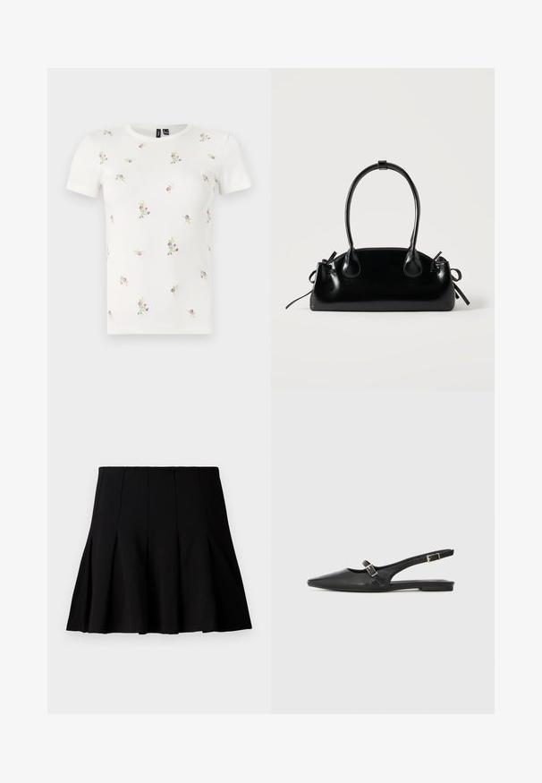 T-shirt en coton blanc à manches courtes, présentant une texture côtelée et une broderie florale dispersée en rose et vert sur l'ensemble.; Jupe noire courte plissée en tissu lisse. Dispose d'une taille élastique et d'une silhouette évasée qui s'étend jusqu'au milieu de la cuisse.; Chaussures slingback en cuir noir avec un bout pointu, comprenant une lanière étroite et un accent de boucle argentée sur le côté. Semelle plate.; Petit sac à main noir brillant avec deux longues anses et des détails à cordon sur les côtés sur un fond clair uni.