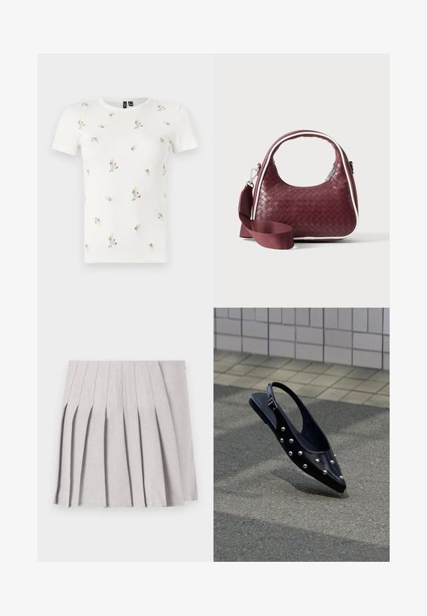 T-shirt en coton blanc à manches courtes, présentant une texture côtelée et une broderie florale dispersée en rose et vert sur l'ensemble.; Jupe plissée grise au toucher lisse, dotée de multiples plis verticaux et d'une taille ajustée. Fabriquée en tissu léger.; Chaussure slingback noire à bout pointu avec des clous argentés, flottant au-dessus d'un bitume près d'un mur carrelé en arrière-plan.; Sac à main en cuir tressé marron foncé avec poignée courbée, garniture blanche, fermeture éclair argentée et bandoulière large en tissu amovible sur fond uni.