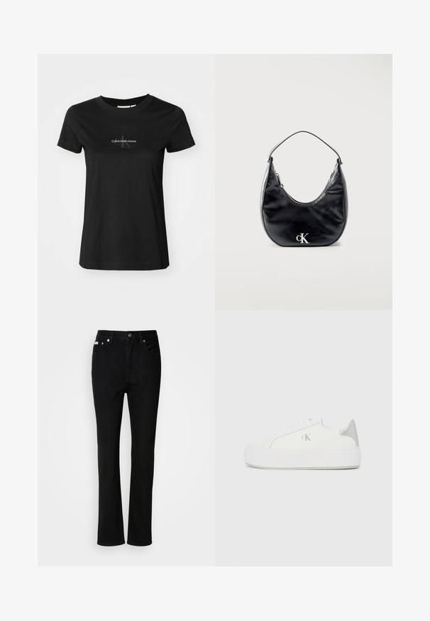 Camiseta negra de algodón con cuello redondo. Presenta un logo bordado de "Calvin Klein Jeans" en gris en el pecho. Mangas cortas.; Vaqueros negros de pierna recta con botón y cremallera en la parte delantera, pasadores para cinturón y estilo de cinco bolsillos.; Zapatillas de lona blancas con una suela blanca gruesa, presentan un acento metálico plateado en el talón y un sutil detalle del logo en el lateral.; Bolso de mano de cuero negro en forma de media luna con asa corta y logotipo "cK" plateado en el frente, cierre de cremallera en la parte superior.