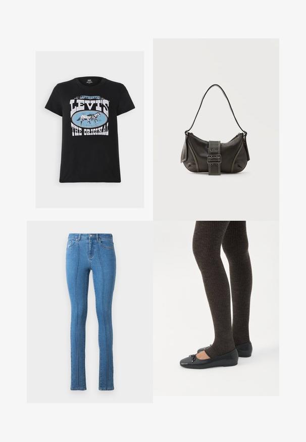 Levi's® THE PERFECT TEE - T-Shirt print - black; Blaue Skinny-Jeans aus Denim mit hohem Bund und schmaler Passform. Verfügt über Steppnähte entlang der Nähte sowie typische Front- und Gesäßtaschen.; Beine in dunklen, gerippten Leggings kombiniert mit schwarzen Ballerinas mit kleinen Schleifendetails auf weißem Hintergrund.; Schwarze Leder-Schultertasche mit Schnallengurt-Detail, abgerundeten Kanten und kontrastierenden weißen Nähten auf schlichtem Hintergrund.