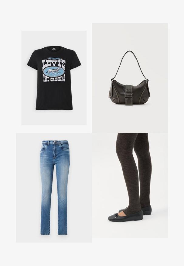 Levi's® THE PERFECT TEE - Tričko s potlačou - black; Svetlomodré džínsy so slim strihom, s vysokým pásom, klasickým dizajnom s piatimi vreckami a jemným vyblednutím pozdĺž nohavíc.; Nohy v tmavých pásikavých legínach v kombinácii s čiernymi balerínkami s malými mašličkami na bielom pozadí.; Čierna kožená kabelka cez rameno s detailom prackového popruhu, zaoblenými okrajmi a kontrastným bielym prešívaním na jednoduchom pozadí.