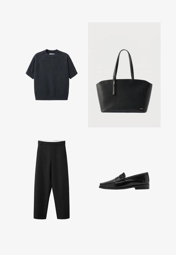 Suéter de punto de manga corta en gris oscuro con cuello redondo, que presenta un corte holgado y mangas raglán, hecho de una tela suave y texturizada.; Pantalones negros de pierna recta con trabillas para cinturón, cremallera frontal y un diseño limpio y sencillo, adecuados para uso formal o casual.; Mocasines de cuero negro con diseño de puntera cosida y tacón bajo. La parte superior presenta una tira decorativa. Textura de superficie lisa y brillante.; Bolso tote de cuero negro con dos asas y pequeño logo dorado "HUGO" en la esquina inferior derecha, sobre un fondo blanco.