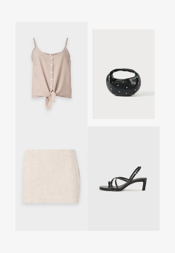 Haut sans manches à rayures dans des tons crème et pêche, présentant un devant boutonné et un détail en noue à l'ourlet. Tissu léger avec une coupe décontractée.; Jupe en lin beige au design minimaliste, présentant une texture lisse et un tissage subtil. Elle a une coupe droite et simple, sans fermetures visibles.; Sandale noire à lanières avec un bout carré et un petit talon bloc. Elle présente plusieurs fines lanières et une sangle de cheville ajustable. Fabriquée en cuir lisse.; Sac à main en cuir noir de forme arrondie, décoré de clous argentés et équipé d'une poignée courte. Texture lisse et fermeture éclair.