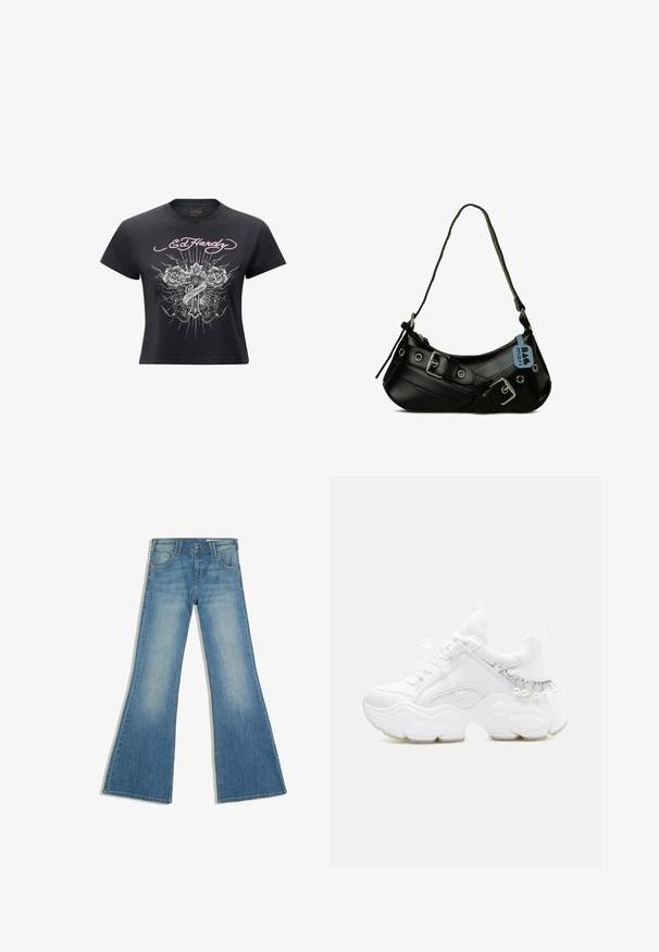 Ed Hardy VINTAGE BURNING CROSS BABY - T-shirt print - black; Blauwe spijkerbroek met uitlopende pijpen, voorzakken en knoopsluiting, afgebeeld tegen een witte achtergrond.; Witte chunky sneaker met dikke zool, veters aan de voorkant en kettinkdetail met hangende parels op de hiel.; Zwarte synthetische handtas met een gebogen vorm, verstelbare schouderriem en decoratieve metalen gespen. Heeft een gladde, glanzende textuur.
