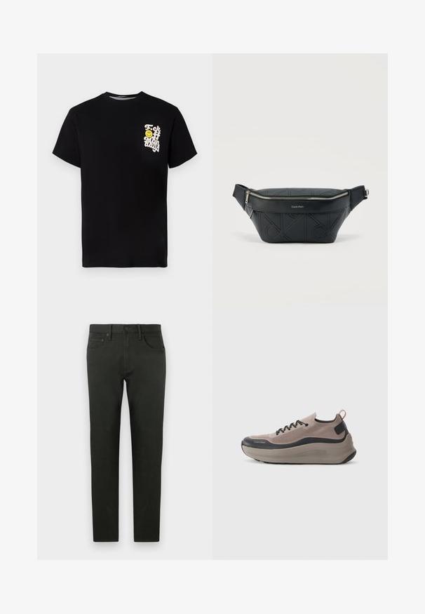 Schwarzes Baumwoll-T-Shirt mit Rundhalsausschnitt, kurzen Ärmeln und einer weißen Grafik mit einem gelben Smiley-Gesicht auf der Brusttasche.; Dunkelgrüne Baumwollhose mit schlanker Passform. Verfügt über ein gerades Bein, Fronttaschen und einen Knopfverschluss. Glatte Textur, minimale Details.; Leichte Sneakers in Beige und Schwarz. Strick-Obermaterial mit Schnürverschluss, akzentuiert von einer strukturierten Sohle und einer Zuglasche an der Rückseite für einfaches Anziehen.; Schwarze Calvin Klein Bauchtasche aus Leder mit geprägtem CK-Muster und silbernem Reißverschluss vor einfarbigem Hintergrund.