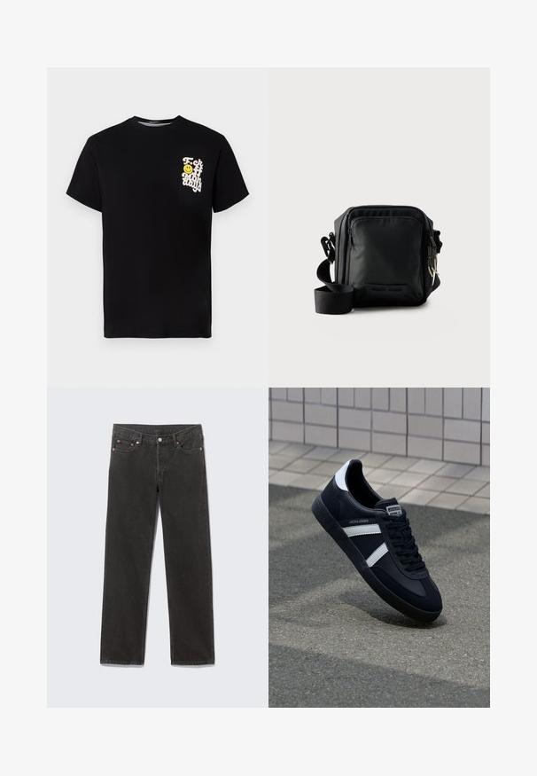 Schwarzes Baumwoll-T-Shirt mit Rundhalsausschnitt, kurzen Ärmeln und einer weißen Grafik mit einem gelben Smiley-Gesicht auf der Brusttasche.; Schwarze Denim-Jeans mit geradem Bein, vorderen Taschen, Gürtelschlaufen und Knopfverschluss, flach auf einem grauen Hintergrund liegend.; Schwarze Leder-Sneaker mit weißen Streifen, strukturiertem Gummisohle und Schnürung. Verfügt über ein Markenetikett auf der Zunge.; Schwarze kompakte Umhängetasche mit vorderer Reißverschlusstasche, verstellbarem Riemen und strukturiertem Stoff vor einfarbigem Hintergrund.