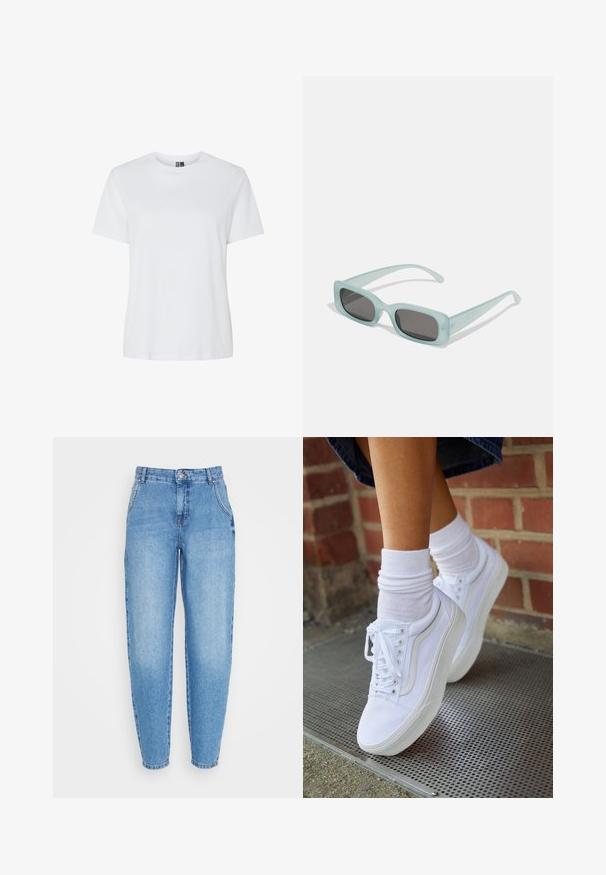 Camiseta blanca lisa de manga corta y cuello redondo, mostrada sobre un fondo blanco sin patrones ni logotipos visibles.; Jeans de mezclilla azul claro con cintura alta, piernas de corte recto, diseño de cinco bolsillos y cierre de botón metálico. Textura desgastada visible.; Zapatillas de lona blancas con suelas de goma, que presentan seis ojales, puntera redonda y detalles de costura ligera, combinadas con calcetines blancos hasta el tobillo.; Un par de gafas de sol rectangulares con montura translucida azul clara y lentes gris oscuro, que cuentan con patillas rectas y detalles de hardware mínimos.