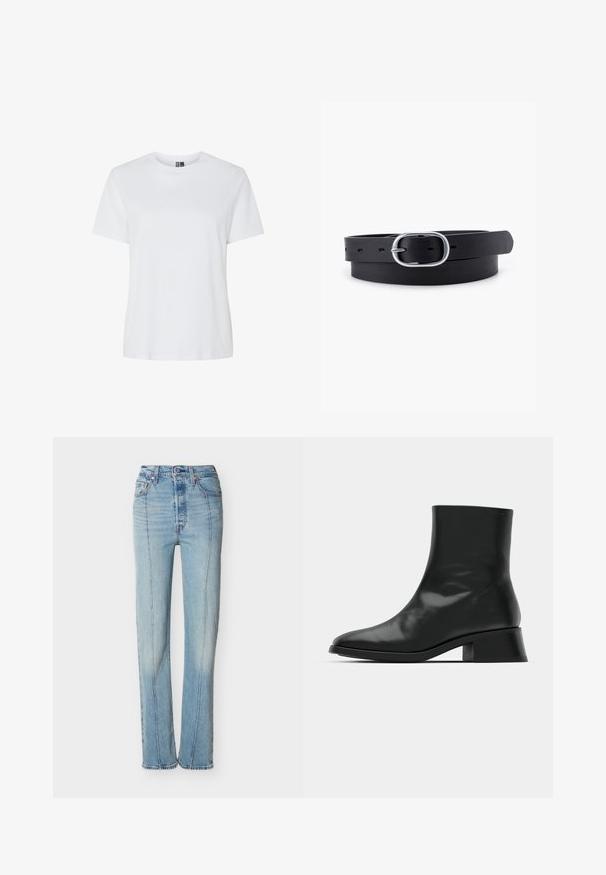 T-shirt blanc uni à manches courtes et col rond, présenté sur fond blanc sans motifs ni logos visibles.; Jean bleu clair taille haute à jambes droites avec coutures avant, fermeture à boutons et design à cinq poches sur fond blanc.; Bottine noire en cuir brillant, au design épuré, avec un bout pointu et un petit talon bloc pour plus de stabilité.; Ceinture en cuir noir au toucher lisse, boucle en métal argenté de forme ovale et plusieurs trous d'ajustement le long de la sangle. Design plat et minimal.