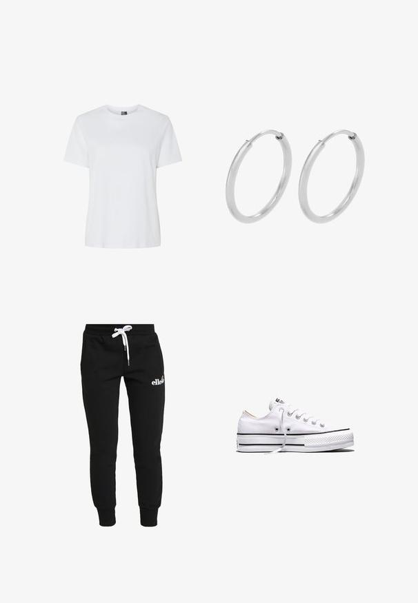 Camiseta blanca lisa de manga corta y cuello redondo, mostrada sobre un fondo blanco sin patrones ni logotipos visibles.; Ellesse FRIVOLA JOGGER - Pantalones deportivos - black; Zapatilla baja de lona blanca con cordones blancos, rayas negras en la suela y puntera de goma texturizada, vista lateral sobre fondo blanco.; Pendientes de aro de plata, forma circular, textura lisa y brillante, y ancho constante en toda su extensión. Diseño minimalista sin acentos adicionales.