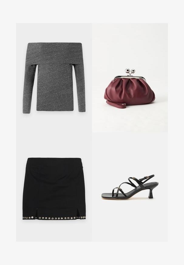 CLOSED ASYMMETRIC LONG SLEEVE - Camiseta de manga larga - dark grey; Ludovic de Saint Sernin LISETTE - Minifalda - black; Sandalias de charol negro con tiras, punta cuadrada y un bajo tacón en bloque. Presenta herrajes en tono dorado y correas en el tobillo ajustables.; Pequeño bolso de mano de cuero burdeos con cierre metálico plateado y correa de muñeca sobre un fondo blanco.
