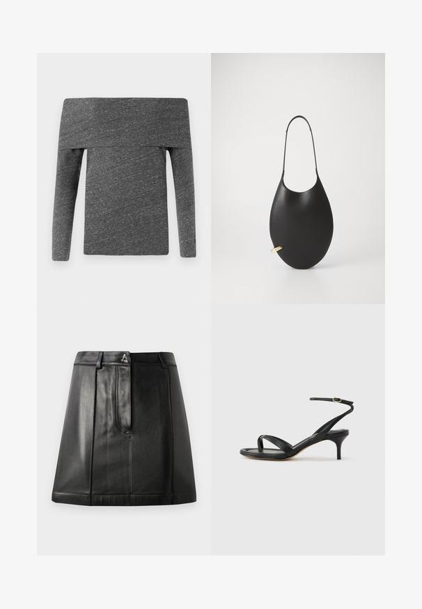 CLOSED ASYMMETRIC LONG SLEEVE - Camiseta de manga larga - dark grey; Falda de cuero negro con una forma estructurada, que cuenta con un bolsillo frontal y un accesorio metálico en la cintura. Textura suave y detalles de costura.; Sandalia negra de cuero para mujer con tiras finas, un lazo para el dedo del pie, hebilla en el tobillo y tacón de aguja de altura media sobre un fondo neutro.; Bolso de mano de piel negra con forma de lágrima alargada, que cuenta con una correa delgada y un detalle en hardware dorado. Textura suave.