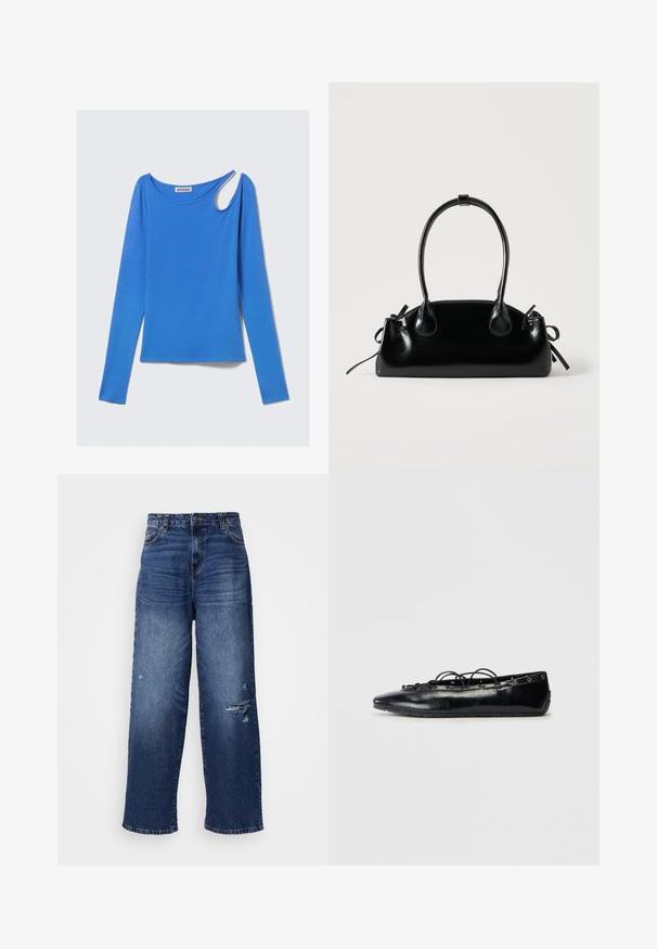 Langærmet blå top i blødt stof med unikt skulderudskæring og rund halsudskæring. Rent design, minimalistisk stil.; Bredde blå denim jeans med et slidt design, der har flosset kant og falmede sektioner, som giver en afslappet pasform og klassisk look.; Sort spids flad sko med snørebånd foran og øjet detaljer langs kanterne, vist på en hvid baggrund.; Lille sort blank håndtaske med to lange håndtag og snøre-detaljer i siden på en ensfarvet lys baggrund.