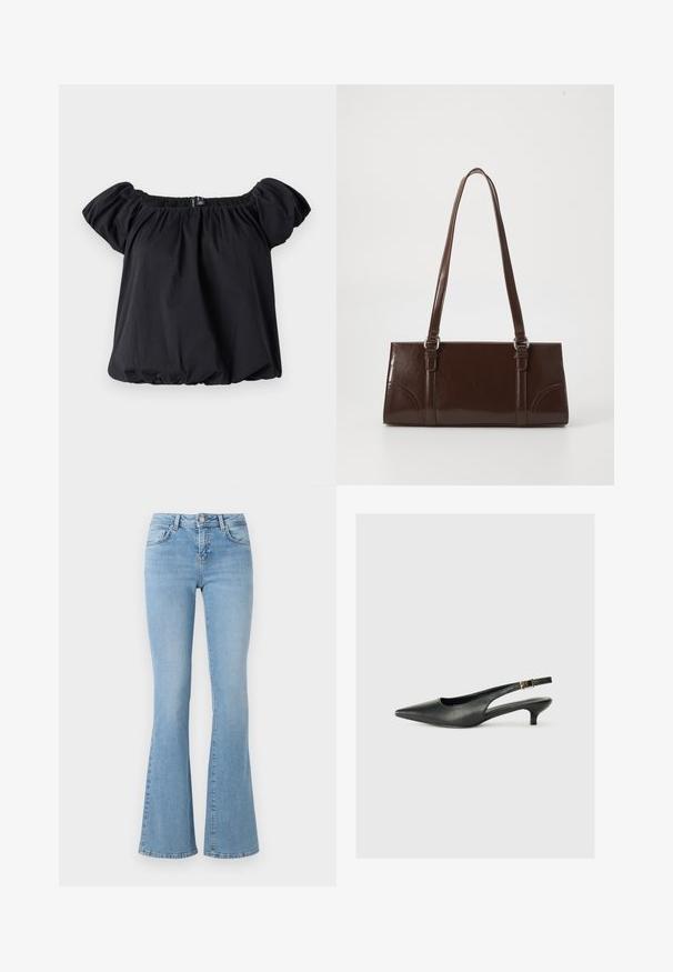 Blouse noire à épaules dénudées en tissu doux, avec des manches bouffantes, un col froncé et une coupe ample avec un ourlet élastique.; Jean évasé bleu clair à taille haute, fabriqué en denim. Comprend cinq poches et un fermoir à bouton. Texture lisse avec un léger délavage.; Chaussure slingback noire à bout pointu en cuir lisse. Présente un talon fin et un détail de boucle sur la sangle réglable.; Sac à main en cuir verni marron de forme rectangulaire, avec deux longues poignées et des accents courbés subtils à l'avant.