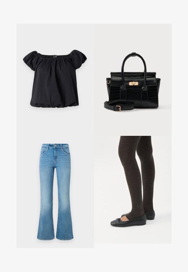 Blouse noire à épaules dénudées en tissu doux, avec des manches bouffantes, un col froncé et une coupe ample avec un ourlet élastique.; Jean flare en denim bleu clair avec poches avant, passants de ceinture et fermeture à bouton sur un fond blanc.; Jambes portant des leggings côtelés foncés associés à des ballerines noires avec de petits détails en nœud sur fond blanc.; Sac à main noir à texture crocodile, avec deux poignées, une bandoulière amovible et un fermoir rectangulaire doré sur le rabat avant.