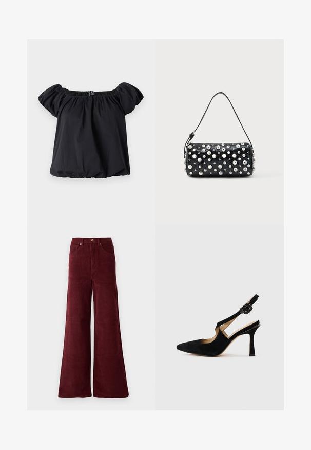 Sort off-the-shoulder bluse lavet af blødt stof, med puffærmer, en samlet halsudskæring og en løs pasform med en elastisk kant.; Bredde ben bukser i kordfløjl i burgunder, med høj talje, forlommer og knaplukning. Struktureret ribbet stof hele vejen igennem.; Sort ruskind slingback højhælet sko med spids tå og dekorativ spænde på ankelrem, vist i sideprofil på hvid baggrund.; Sort læderhåndtaske med rund form, dekoreret med sølvnitter. Har en aftagelig rem og lynlås. Glat tekstur.