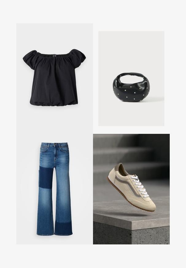 Sort off-the-shoulder bluse lavet af blødt stof, med puffærmer, en samlet halsudskæring og en løs pasform med en elastisk kant.; Vide bukser af blå denim med patchwork-design i forskellige nuancer af blå, synlige sømme og en traditionel linning.; Beige ruskindsneaker med hvide snørebånd og brun sål, der svæver over en grå betonopkant mod en sløret trapp baggrund.; Sort læderhåndtaske med en rundet form, dekoreret med sølvnitter, og et kort håndtag. Glat tekstur og lynlåslukning.