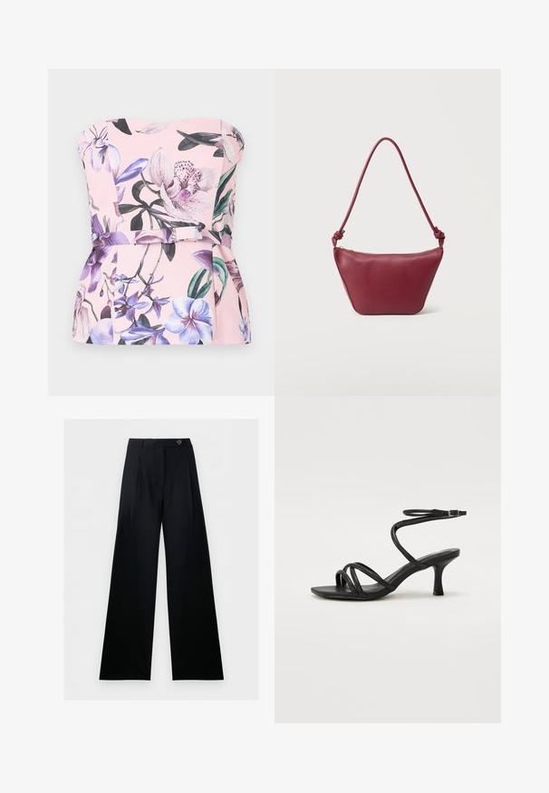 Top rose bustier avec imprimé floral violet et blanc, doté d'une taille cintrée et d'un détail ceinture en tissu.; Pantalon noir à jambes larges, taille haute, fermeture boutonnée à l’avant, avec passants de ceinture, présenté sur fond blanc.; Even&Odd Wide Fit Sandales - black; Petit sac à bandoulière en cuir marron foncé avec bandoulière nouée et fermeture éclair supérieure, sur un fond clair uni.