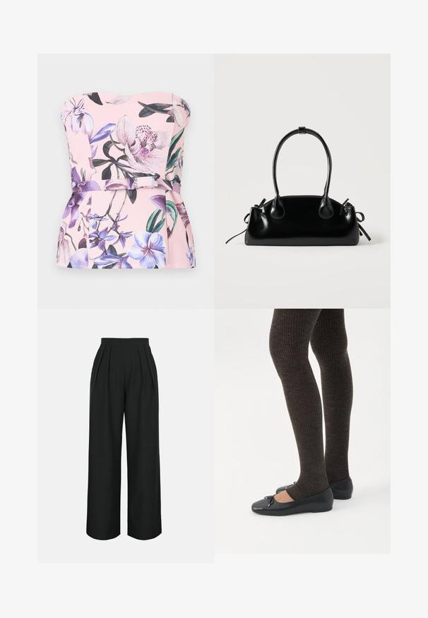 Top rose bustier avec imprimé floral violet et blanc, doté d'une taille cintrée et d'un détail ceinture en tissu.; Pantalon noir taille haute à jambes larges avec plis sur le devant et poches latérales, conçu pour une coupe ample et confortable.; Jambes portant des leggings côtelés foncés associés à des ballerines noires avec de petits détails en nœud sur fond blanc.; Petit sac à main noir brillant avec deux longues anses et des détails à cordon sur les côtés sur un fond clair uni.