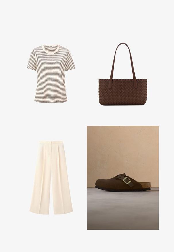 Gestreiftes T-Shirt in Creme mit dünnen schwarzen horizontalen Linien. Kurze Ärmel, runder Ausschnitt, weiche Textur, lockere Passform.; Hoch taillierte, weit geschnittene cremefarbene Hose mit vorderen Falten und verdecktem Knopf- und Reißverschluss.; Brauner Slipper aus Wildleder mit geflochtenem Riemen und einer metallischen Schnalle, ausgestattet mit einer geformten Innensohle und einer strukturierten Gummisohle.; Braune Lederhandtasche mit gewebtem Strukturmuster, mit zwei langen, schlanken Griffen zum Tragen über der Schulter.
