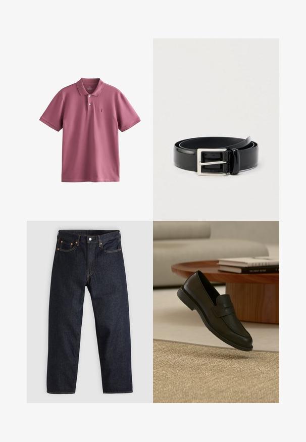 Camiseta tipo polo en tono malva apagado, hecha de algodón ligero. Cuenta con un cuello clásico, tres botones, mangas cortas y un pequeño logo bordado.; Jeans de denim azul oscuro con corte recto, cinco bolsillos, costuras en naranja contrastante y cierre de botón. Sin patrones ni adornos visibles.; Zapato mocasín de cuero negro mostrado en el aire sobre una alfombra beige tejida, con una mesa de madera y libros apilados en una sala de estar con luz suave.; Cinturón enrollado de cuero negro brillante con una hebilla metálica rectangular plateada sobre un fondo claro y liso.