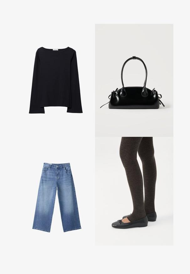 Haut noir à manches longues avec un large col rond, coupe décontractée et texture douce. Comprend un ourlet arrière légèrement plus long et sans ornements supplémentaires.; Jean en denim bleu à jambes larges avec taille haute, bouton sur le devant, fermeture éclair et poches, posé à plat sur fond blanc.; Jambes portant des leggings côtelés foncés associés à des ballerines noires avec de petits détails en nœud sur fond blanc.; Petit sac à main noir brillant avec deux longues anses et des détails à cordon sur les côtés sur un fond clair uni.
