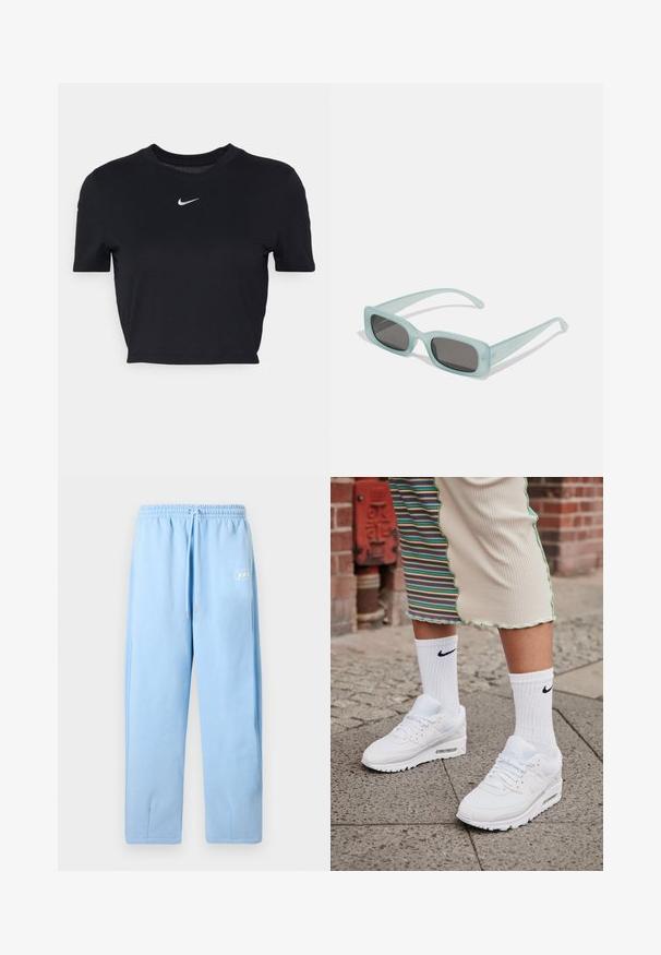 Nike Sportswear T-shirt basic - black; Lichtblauwe joggingbroek gemaakt van zachte stof, voorzien van een elastische tailleband met trekkoord, taps toelopende pijpen en zijzakken.; Witte Nike Air Max 90 sneakers met een bovenwerk van mesh en leer, voorzien van een zichtbare luchtunit, gecombineerd met witte geribbelde sokken met een zwart logo.; Een paar rechthoekige zonnebrillen met lichtblauwe doorzichtige monturen en donkergrijze glazen, met rechte pootjes en minimale hardwaredetails.