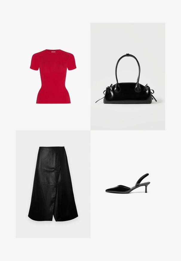 Camiseta roja de manga corta con diseño ajustado. Fabricada con material suave, cuenta con cuello redondo y bordes sin costuras.; Falda midi de piel sintética negra con silueta en línea A y detalle delantero asimétrico en capas sobre un fondo blanco.; Tacones slingback de charol negro con punta afilada, tacón de aguja bajo y un diseño elegante y simple sin adornos.; Pequeño bolso negro brillante con dos asas largas y detalles de cordón lateral sobre un fondo claro liso.